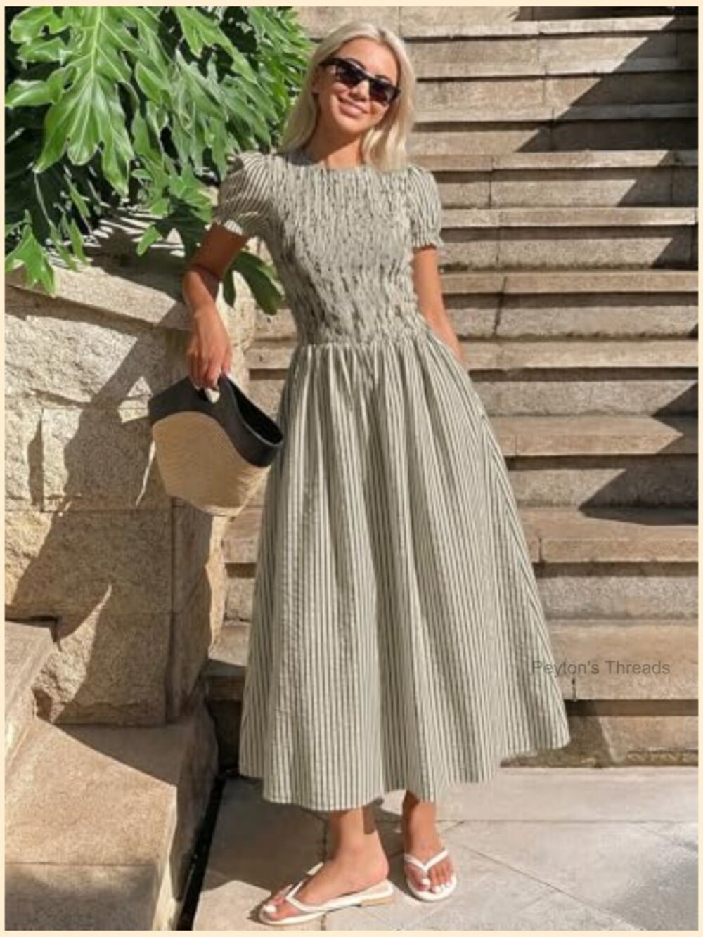 Smocked Midi Dress with Puff Short Sleeves and Striped Pattern - Picture 6 of 7